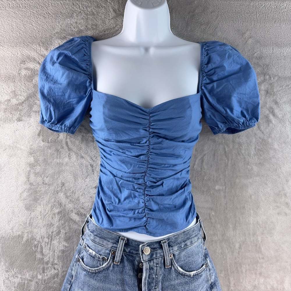 Reformation Radish Top Womens Size 0 Blue Sweetheart Puff Sleeve Ruched